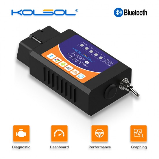 KOLSOL ELM327 Bluetooth OBD2 Scanner V1.5 ELM327 with Switch modified for Ford CH340+25K80 chip HS-C