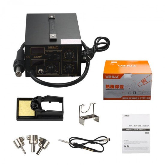 SMD 2in1 852D+ Rework Soldering Station Air Gun Iron + Spare Parts